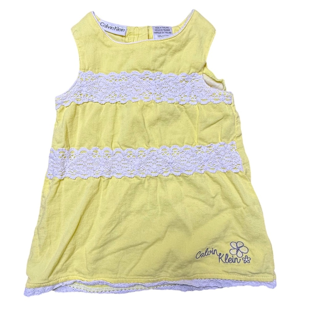 Calvin Klein Baby Girl Dress Yellow Sleeveless Lace‎ Trimmed 12M